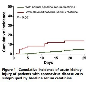 Cumulative incidence of acute kidney injury of patients with coronavirus disease 2019 subgrouped by baseline serum creatinine. Cumulative incidence of acute kidney injury of patients with coronavirus disease 2019 subgrouped by baseline serum creatinine.