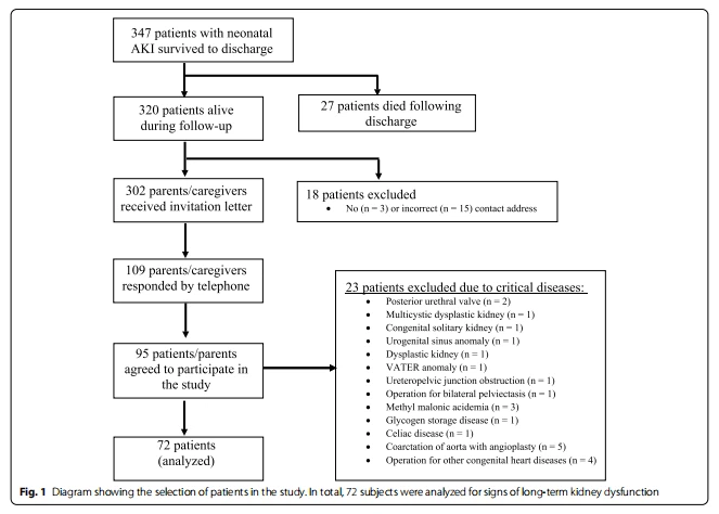 Fig. 1 Diagram showing the selection of patients in the study. In total, 72 subjects were analyzed for signs of long-term kidney dysfunction Fig. 1 Diagram showing the selection of patients in the study. In total, 72 subjects were analyzed for signs of long-term kidney dysfunction